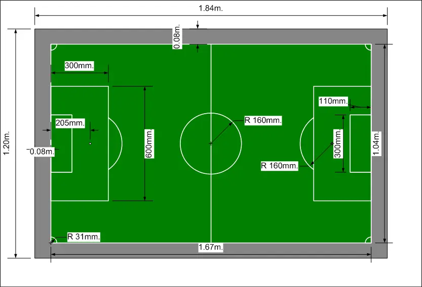 Sample dimensions of a button football table and field