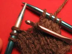 If picking up a knitted stitch, insert the crochet hook through the front of the loop. If picking up a purled stitch, insert the hook through the loop from the back.